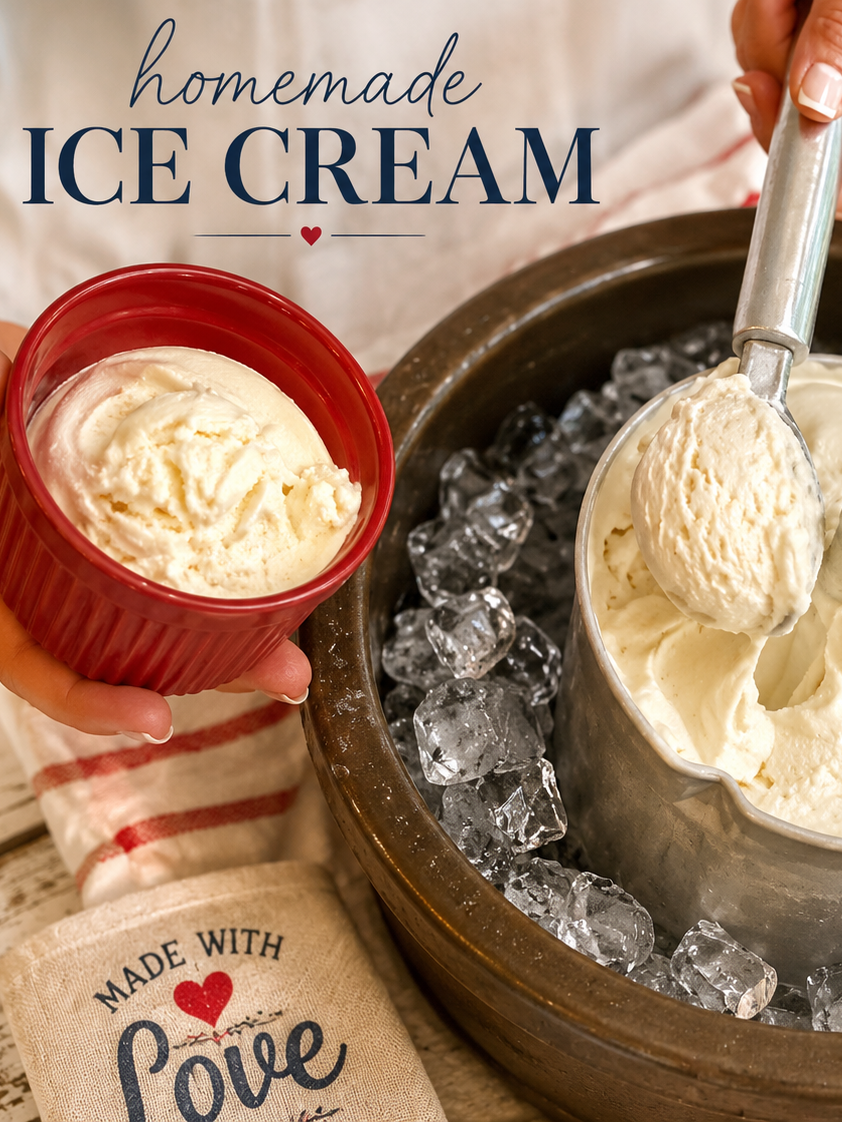 A person scoops vanilla ice cream from a metal bowl filled with ice into a red cup. Text reads “homemade ice cream.” A towel with “Made with love” is partially visible.