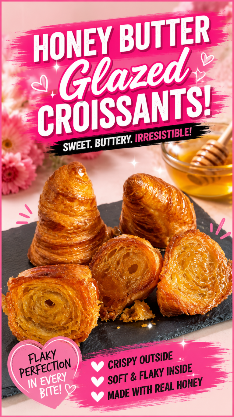 Four honey butter glazed croissants are sliced open on a slate plate, showing flaky layers. Text overlays highlight their crispy, soft, and buttery qualities, with flowers and honey dipper in the background.