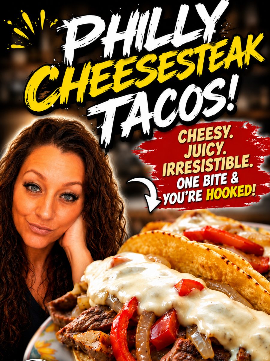 A woman smiling next to cheesy Philly cheesesteak tacos with peppers and onions. Bold text reads, Philly Cheesesteak Tacos! Cheesy, juicy, irresistible. One bite & youre hooked!.