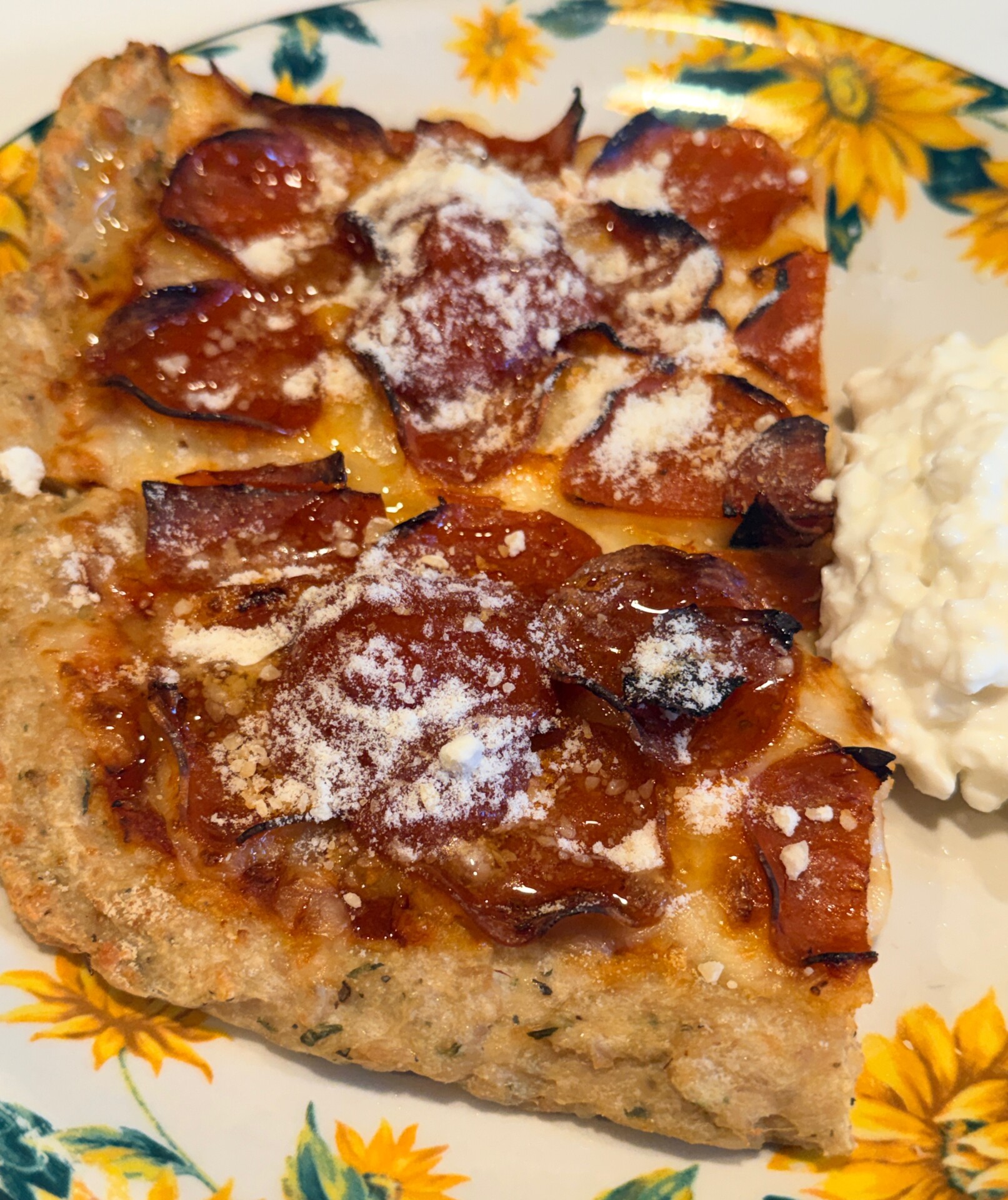 A slice of pepperoni pizza topped with grated cheese sits on a sunflower-patterned plate next to a serving of cottage cheese.