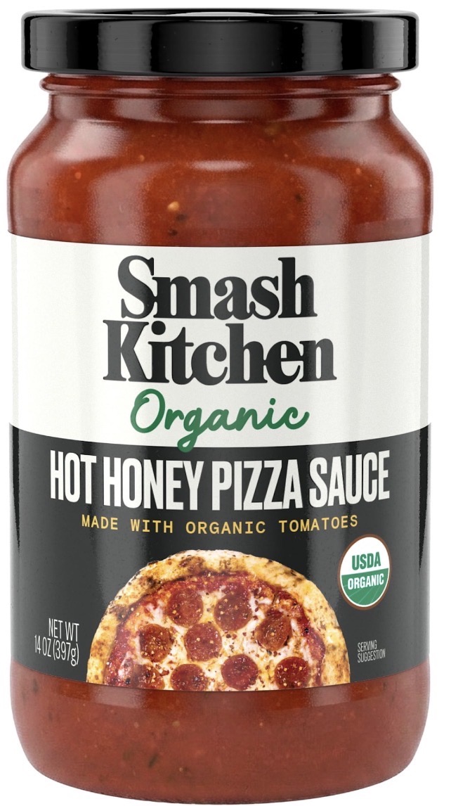 A jar of Smash Kitchen Organic Hot Honey Pizza Sauce featuring a picture of a pepperoni pizza and USDA Organic label on the front.