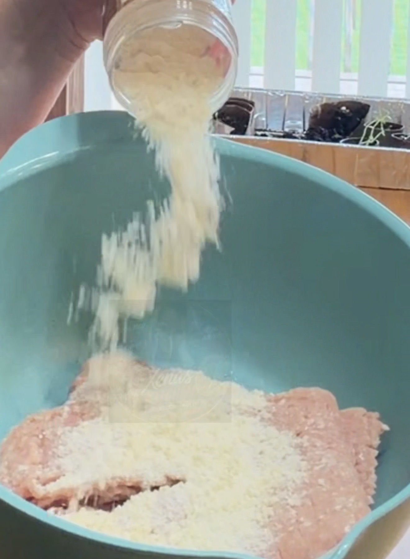 A hand pours grated cheese from a jar into a teal bowl containing raw ground meat. In the background, seedlings in a windowsill planter are visible.