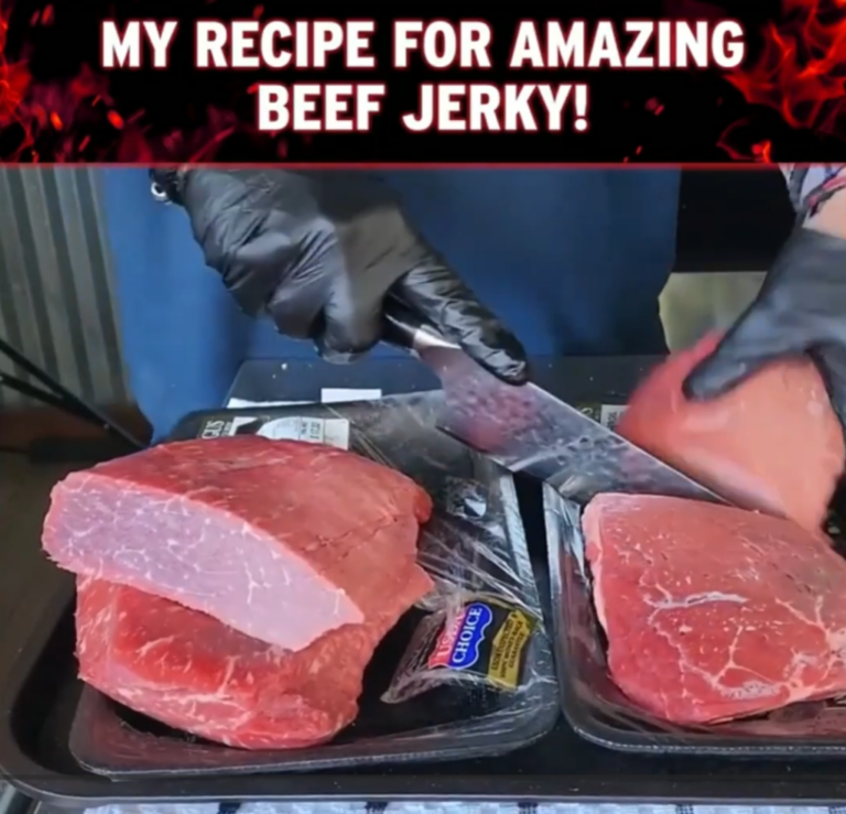 A person wearing black gloves slices raw beef on a cutting board. Bold text at the top reads, MY RECIPE FOR AMAZING BEEF JERKY!.