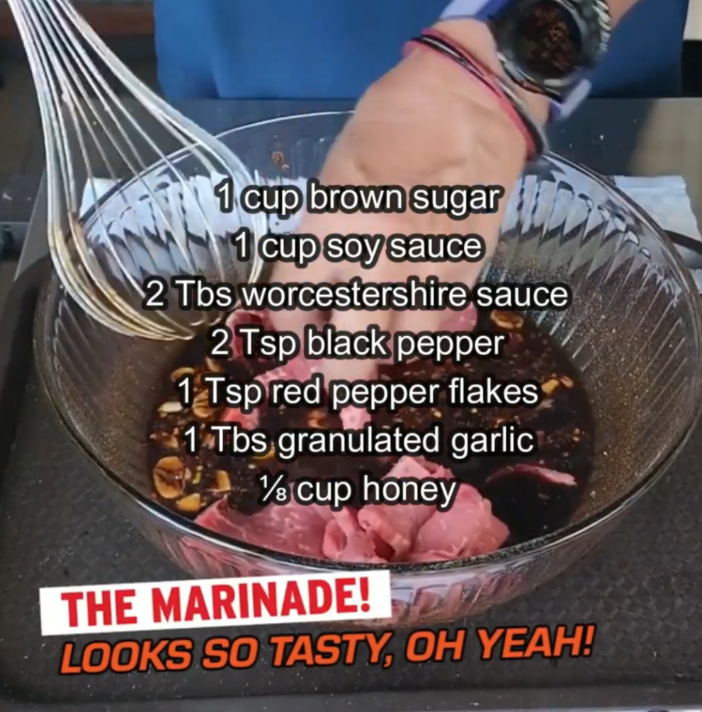 A person whisking marinade ingredients—brown sugar, soy sauce, Worcestershire sauce, black pepper, red pepper flakes, garlic, and honey—in a glass bowl with raw meat. Marinade recipe text is overlaid on the image.