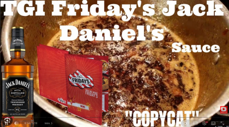A pot of simmering sauce with text reading TGI Fridays Jack Daniels Sauce COPYCAT, an image of a Jack Daniels whiskey bottle, and a red TGI Fridays menu on top.