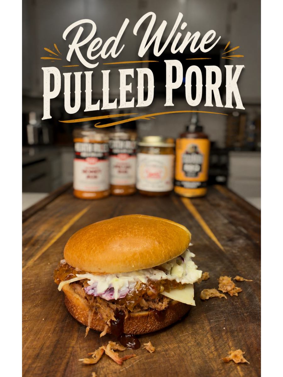 A pulled pork sandwich with slaw and cheese sits on a wooden board. Blurred condiment jars are in the background. Text above reads, Red Wine Pulled Pork..