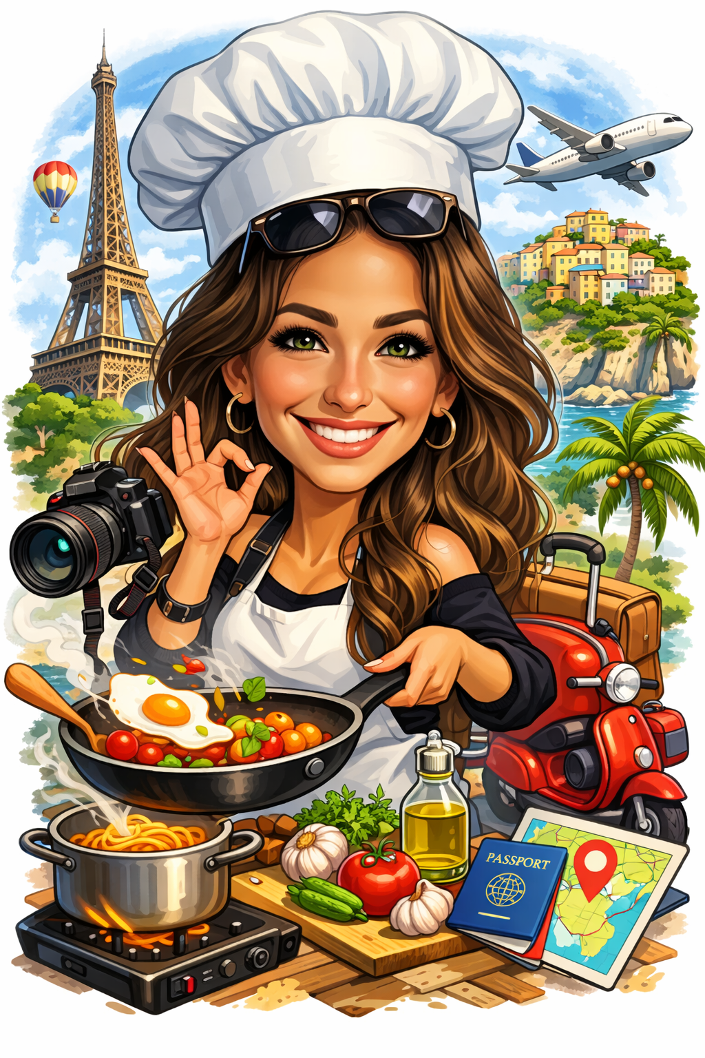 A smiling woman in a chefs hat holds a pan of food, surrounded by travel items, a camera, the Eiffel Tower, an airplane, and ingredients, symbolizing cooking and world travel.