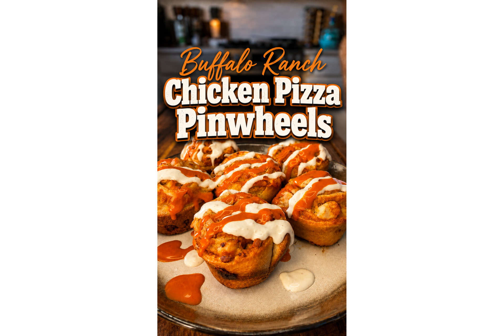 Six baked pinwheel-shaped snacks topped with white and orange sauces are on a round plate. Text above them reads, Buffalo Ranch Chicken Pizza Pinwheels. The background shows a blurred kitchen counter.