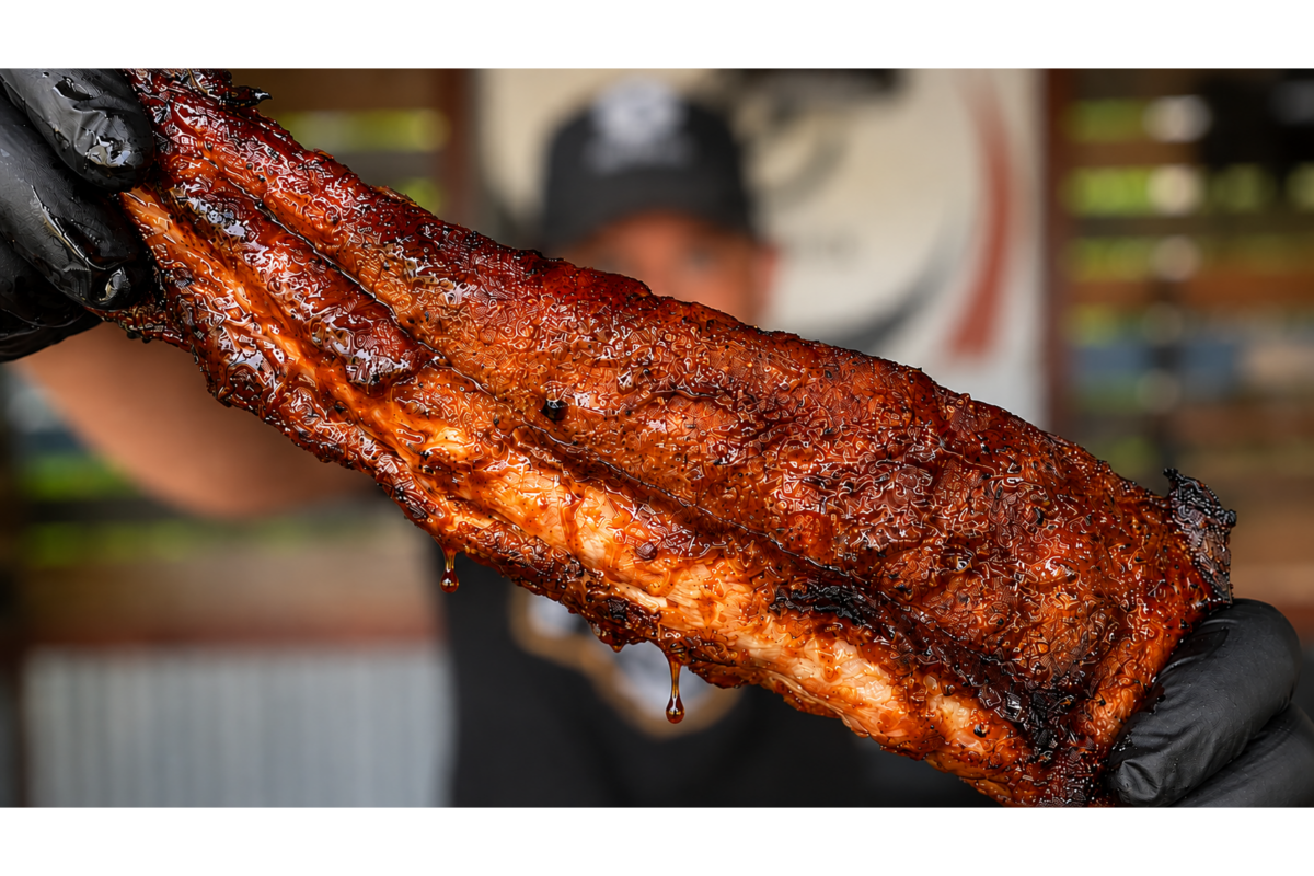 A person wearing black gloves holds up a large, juicy slab of barbecued ribs, glistening with sauce, in front of a blurred background.