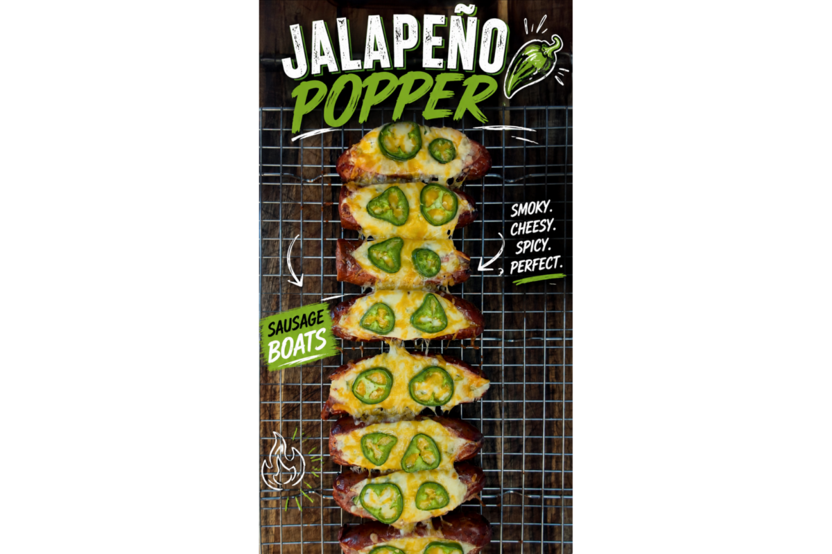 Sausages topped with melted cheese and jalapeño slices arranged on a wire rack, with text reading Jalapeño Popper Sausage Boats and descriptive words like smoky, cheesy, and spicy..