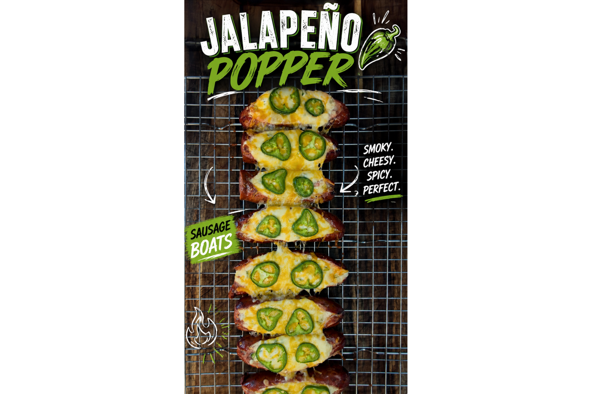 Sausages topped with melted cheese and jalapeño slices arranged on a wire rack, with text reading Jalapeño Popper Sausage Boats and descriptive words like smoky, cheesy, and spicy..