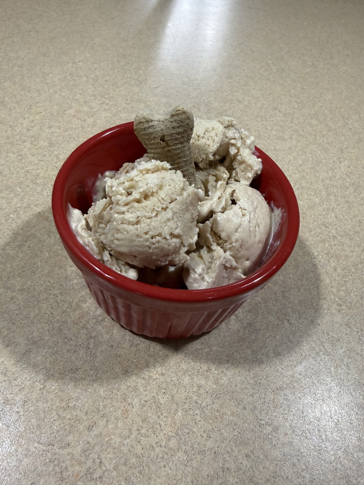 A red bowl filled with scoops of ice cream, topped with a bone-shaped dog biscuit, sits on a beige countertop.