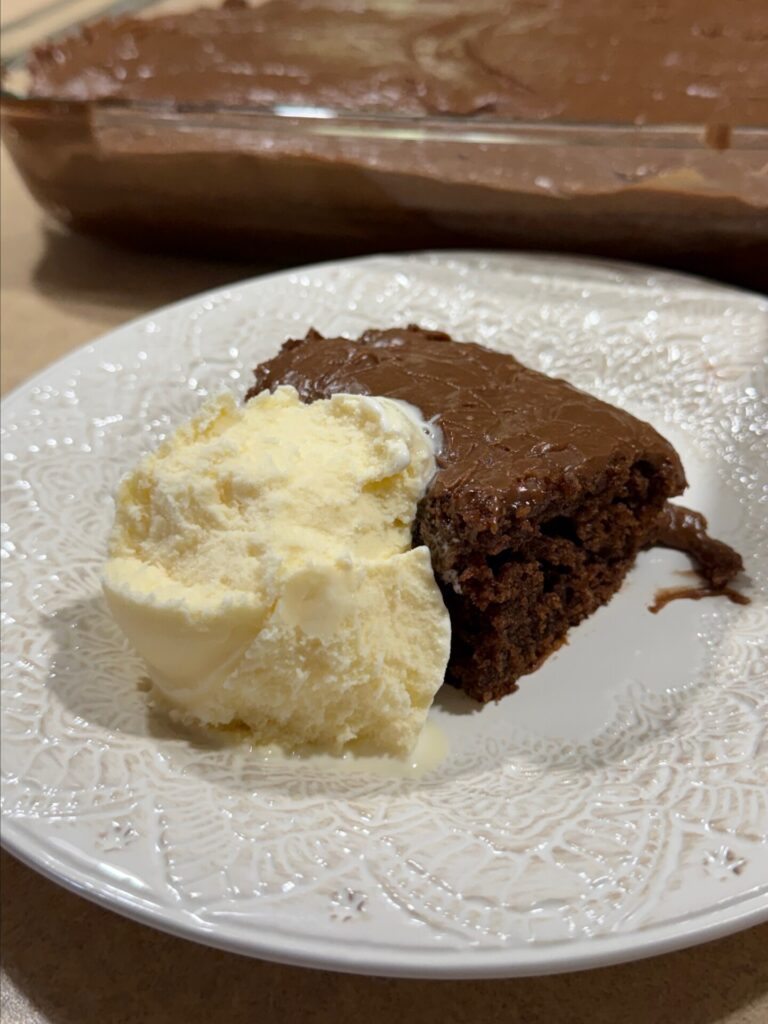 A slice of chocolate cake with chocolate frosting is served on a white plate next to a scoop of vanilla ice cream. A pan with more cake is in the background.