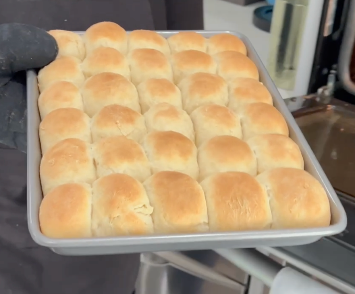 A tray of freshly baked golden brown dinner rolls, arranged in neat rows, is held by a person wearing a black glove in a kitchen setting.