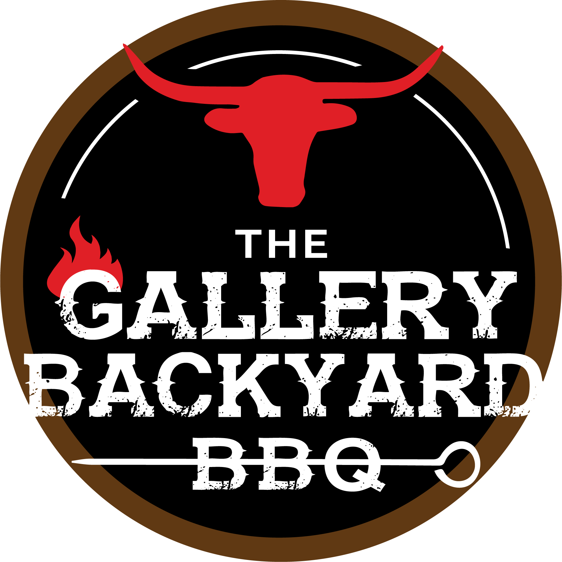A circular logo with a red bull head, a flame, and bold white text reading The Gallery Backyard BBQ on a black background, bordered in brown. A skewer graphic appears under the word BBQ..