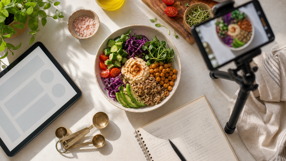 Recipe creator filming a finished meal with recipe notes and kitchen tools