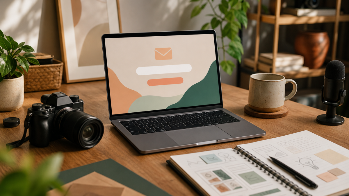 Creator workspace with laptop and notebook for planning an email newsletter
