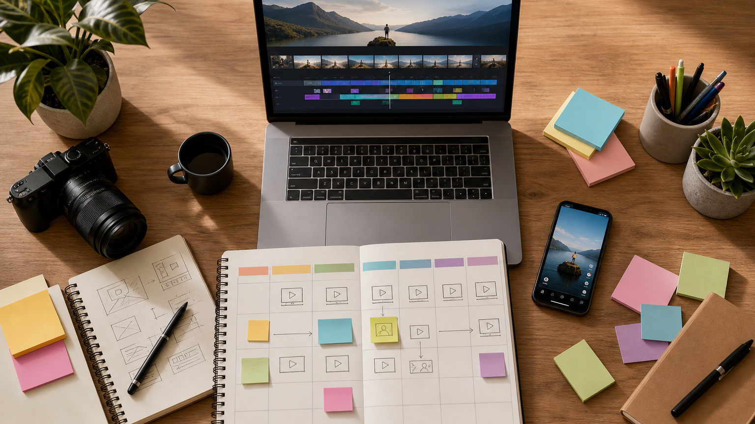Creator workspace with a video timeline and a social content planning calendar