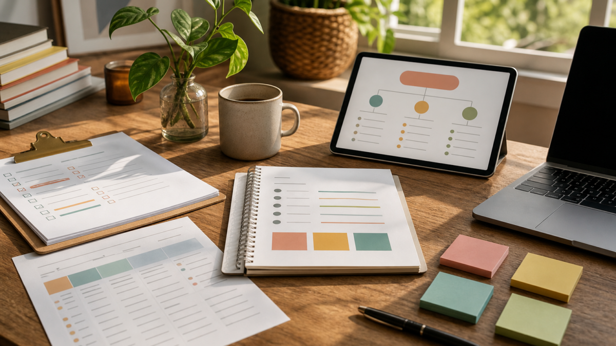 Creator desk with checklists, workbook pages, tablet, and laptop used to plan a digital product