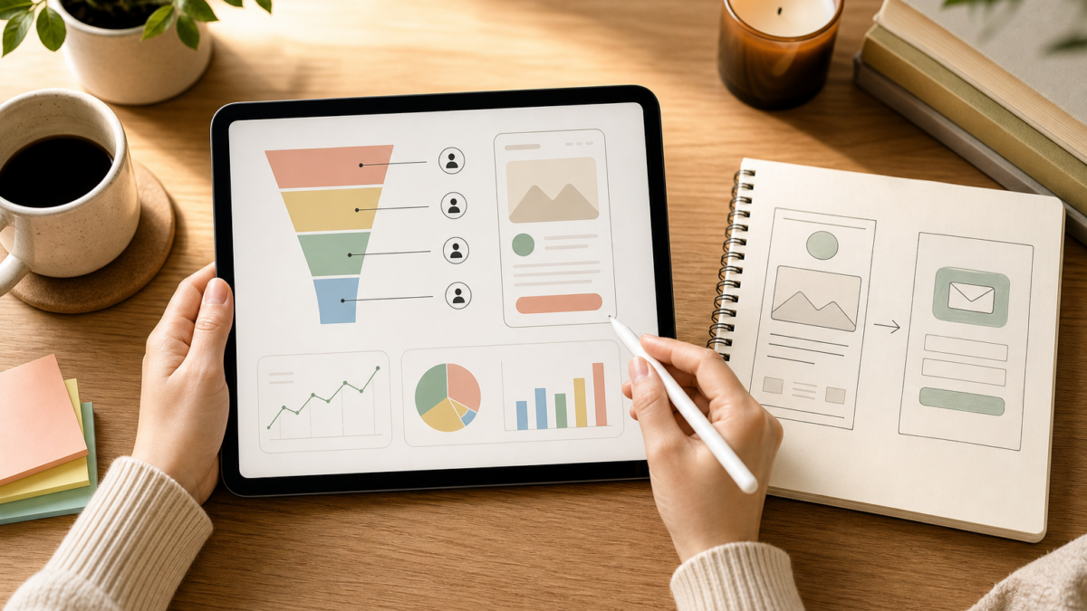 Creator planning a link-in-bio page and email signup funnel at a desk