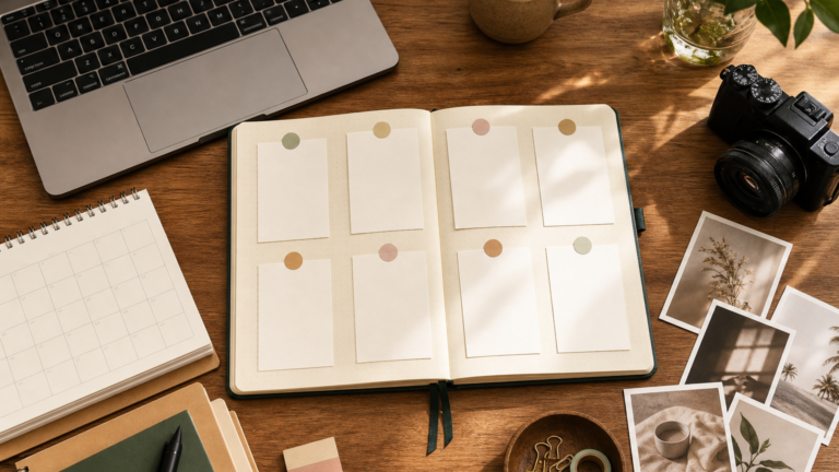 Creator workspace with an organized content calendar and planning materials