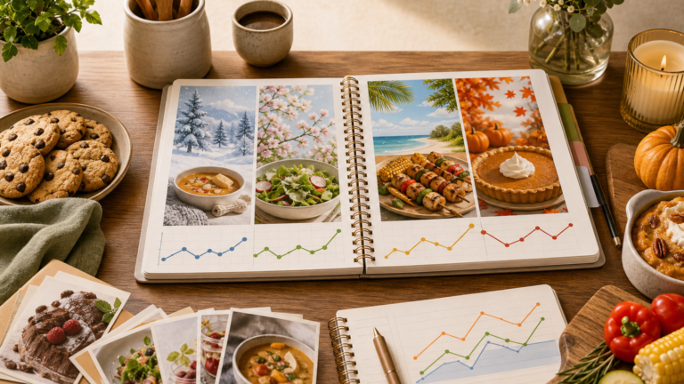 Editorial illustration of a food blogger planning recipes and ad revenue across the seasons