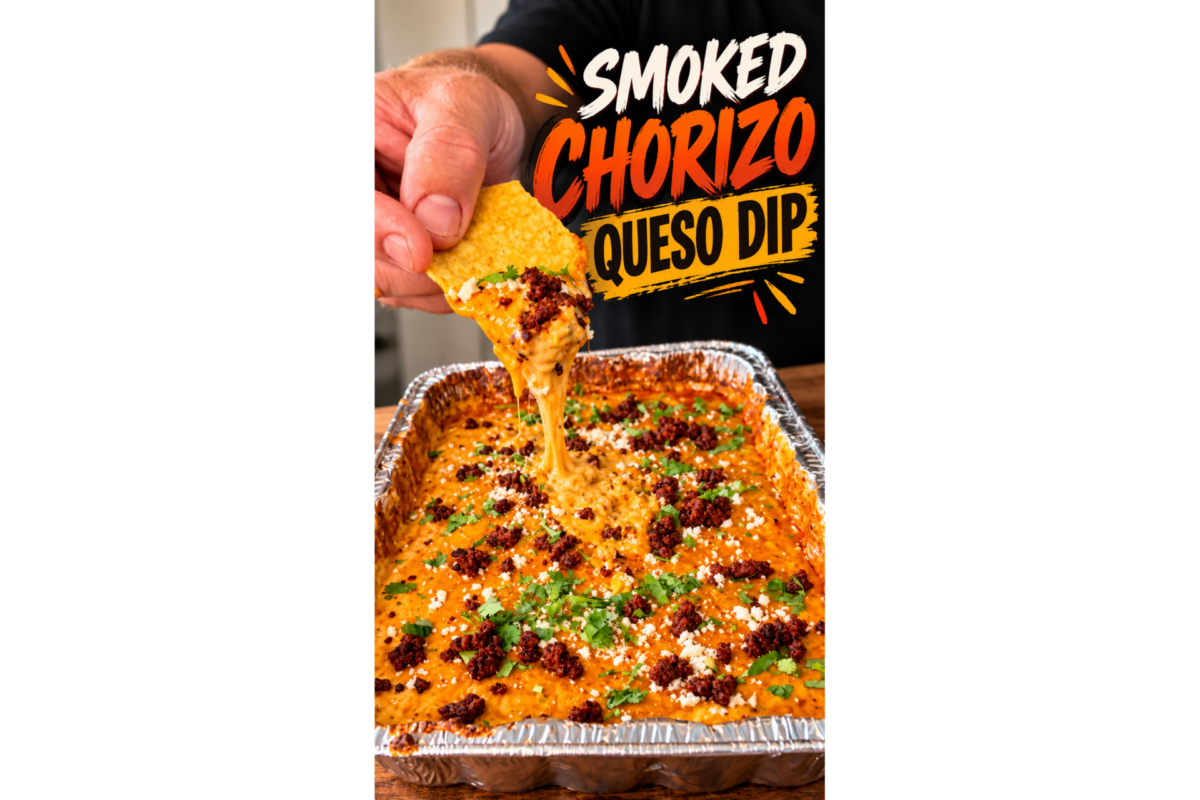 A hand dips a tortilla chip into a tray of smoked chorizo queso dip, topped with chorizo, green onions, and cheese. The text above reads, Smoked Chorizo Queso Dip..