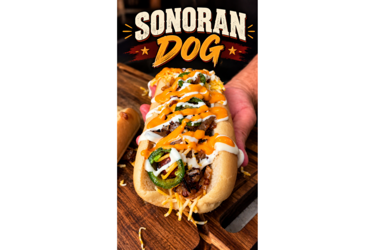 A hand holds a Sonoran hot dog topped with cheese, jalapeños, and sauces. The words Sonoran Dog appear in bold above the hot dog on a wooden surface.