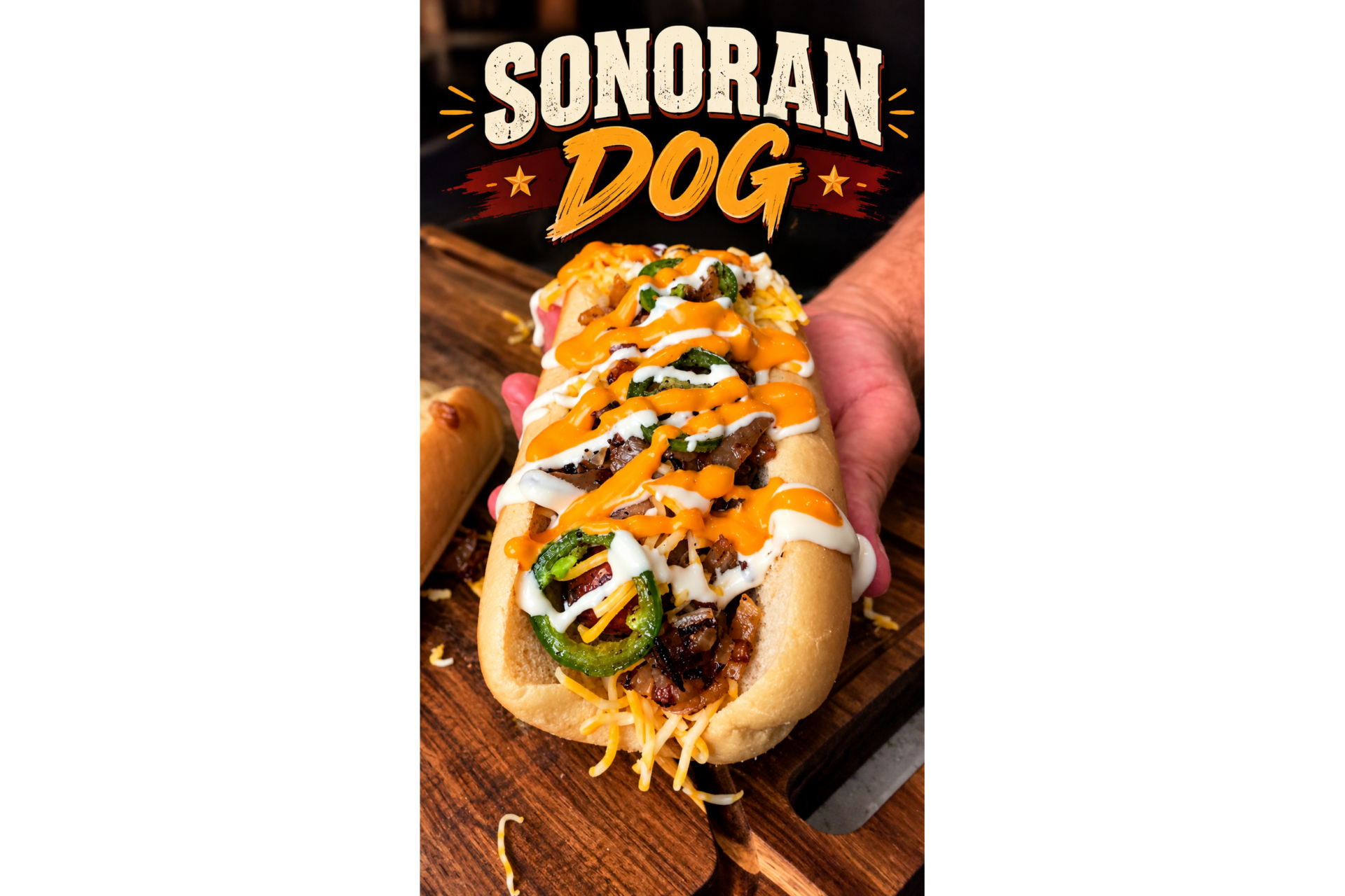 A hand holds a Sonoran hot dog topped with cheese, jalapeños, and sauces. The words Sonoran Dog appear in bold above the hot dog on a wooden surface.