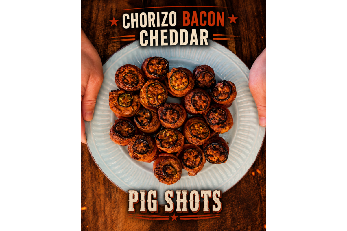 A plate of pig shots, which are bite-sized appetizers made with chorizo, bacon, and cheddar, held by two hands over a wooden table. Text reads: Chorizo Bacon Cheddar Pig Shots..