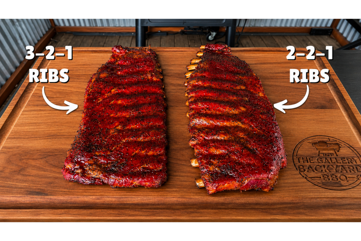 Two racks of smoked ribs on a wooden board, labeled 3-2-1 ribs on the left and 2-2-1 ribs on the right, with arrows pointing to each rack. A branded logo is etched into the wood board.