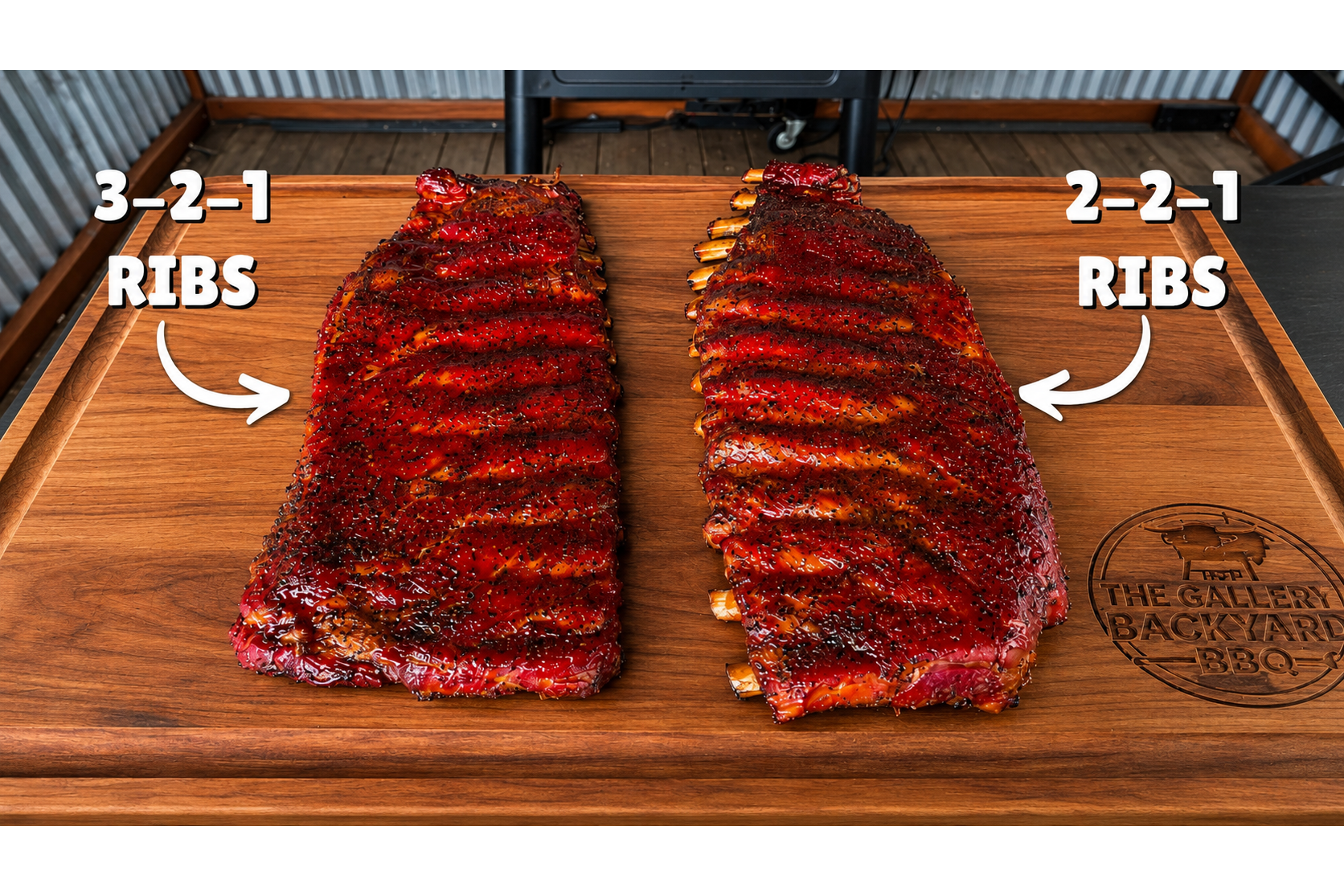 Two racks of smoked ribs on a wooden board, labeled 3-2-1 ribs on the left and 2-2-1 ribs on the right, with arrows pointing to each rack. A branded logo is etched into the wood board.