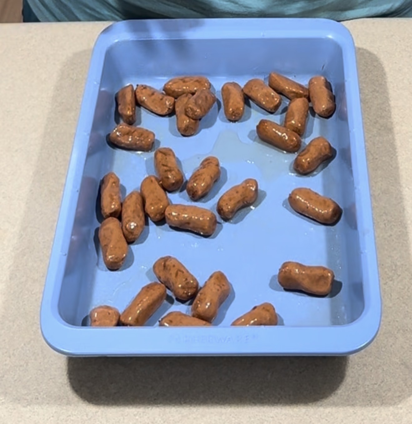 A blue tray contains scattered brown, sausage-shaped objects in a small amount of liquid, resting on a beige countertop.