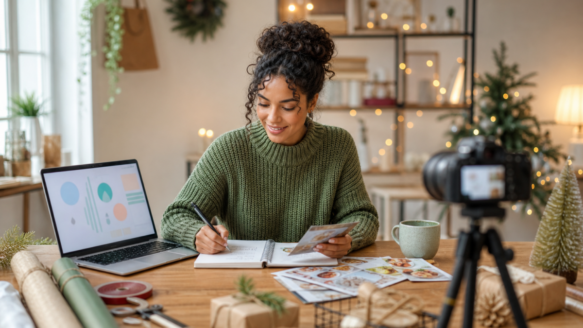 Content creator planning holiday content and revenue ideas at a home studio desk