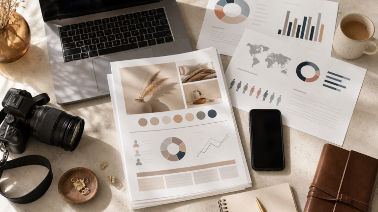 Creator media kit and content planning materials arranged on a desk