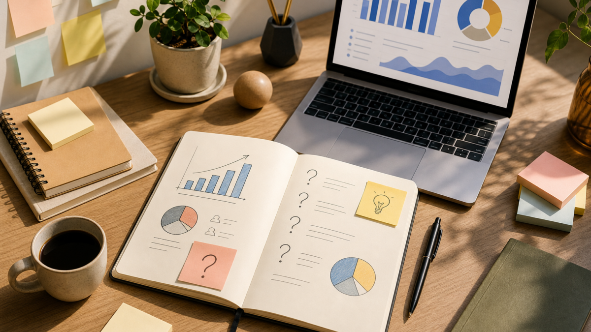 Creator workspace with a notebook and laptop showing abstract content analytics charts