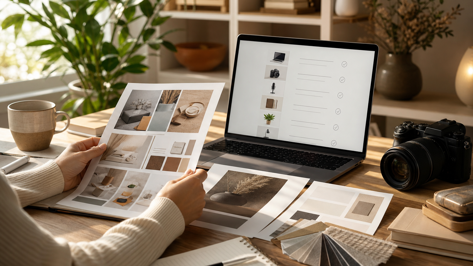 Creator reviewing existing content and resource recommendations at a desk