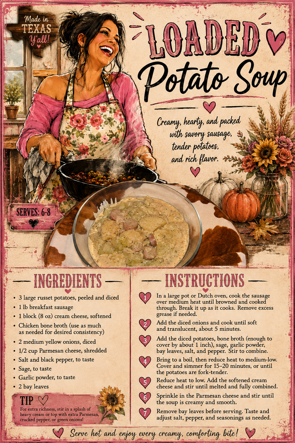 A woman in a floral apron serves a bowl of loaded potato soup in a rustic kitchen. The recipe lists ingredients and instructions, with hearts and decorative text, evoking a warm, cozy, country kitchen atmosphere.