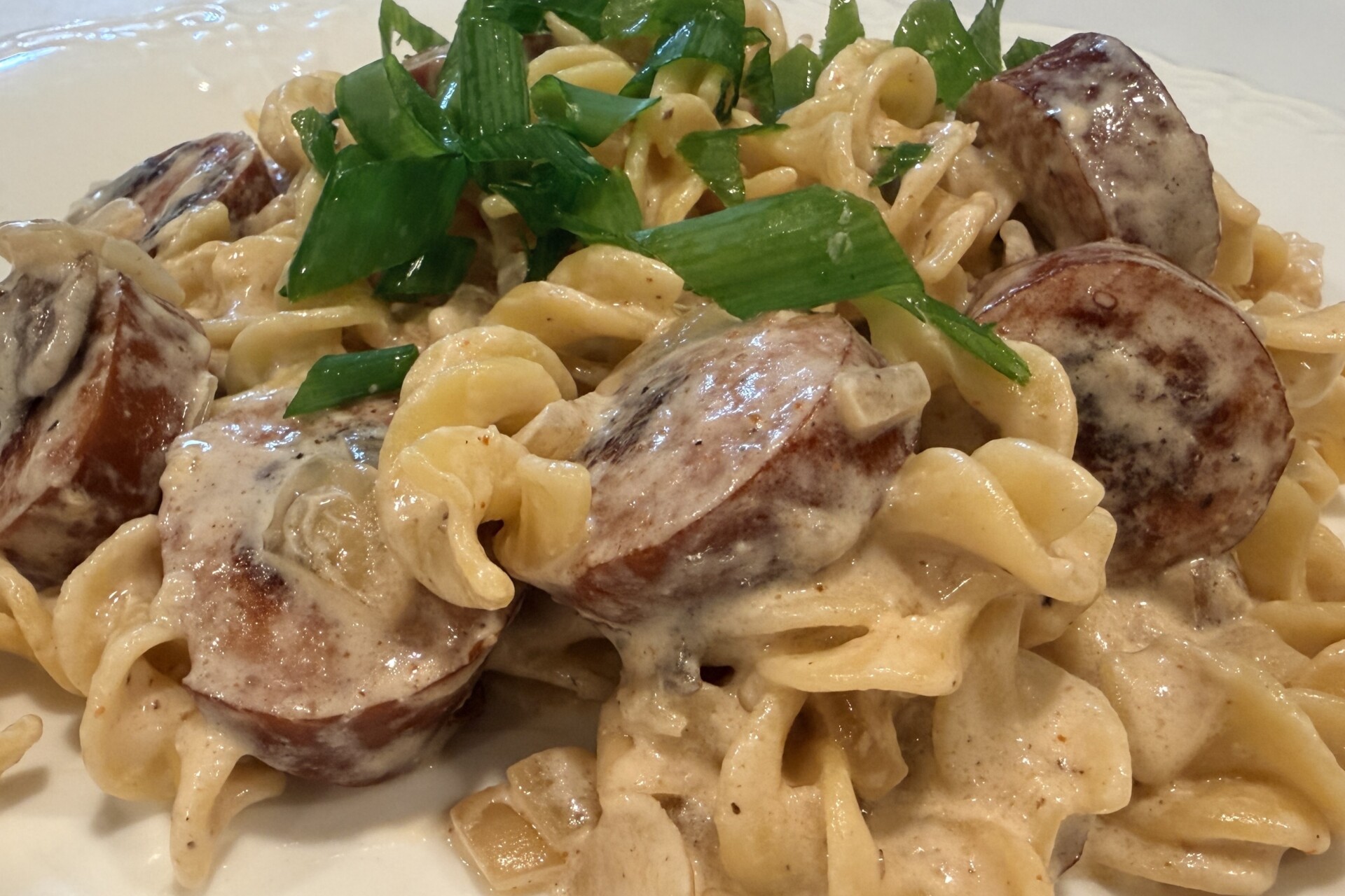 Creamy pasta with sliced sausage and chopped green onions.