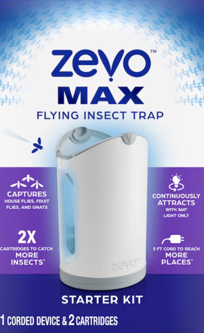 Zevo Max flying insect trap starter kit with a white device, two cartridges, and text detailing its features: captures house flies, fruit flies, and gnats, uses 360-degree light, and includes a 5-foot cord.