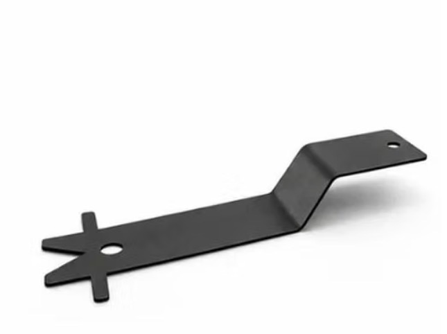 Black metal bracket with a V-shaped end, a circular hole, and an angled extension with a single hole at the tip.