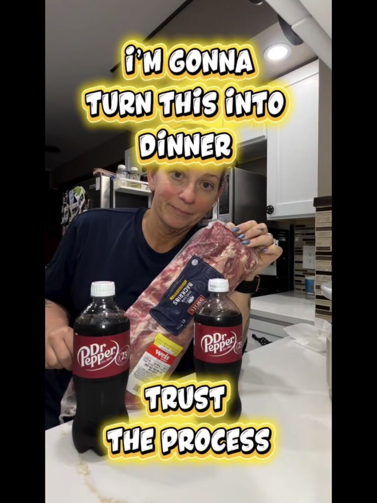 A person holds a package of pork back ribs in front of two bottles of Dr Pepper, with the text Im gonna turn this into dinner above and Trust the process below.