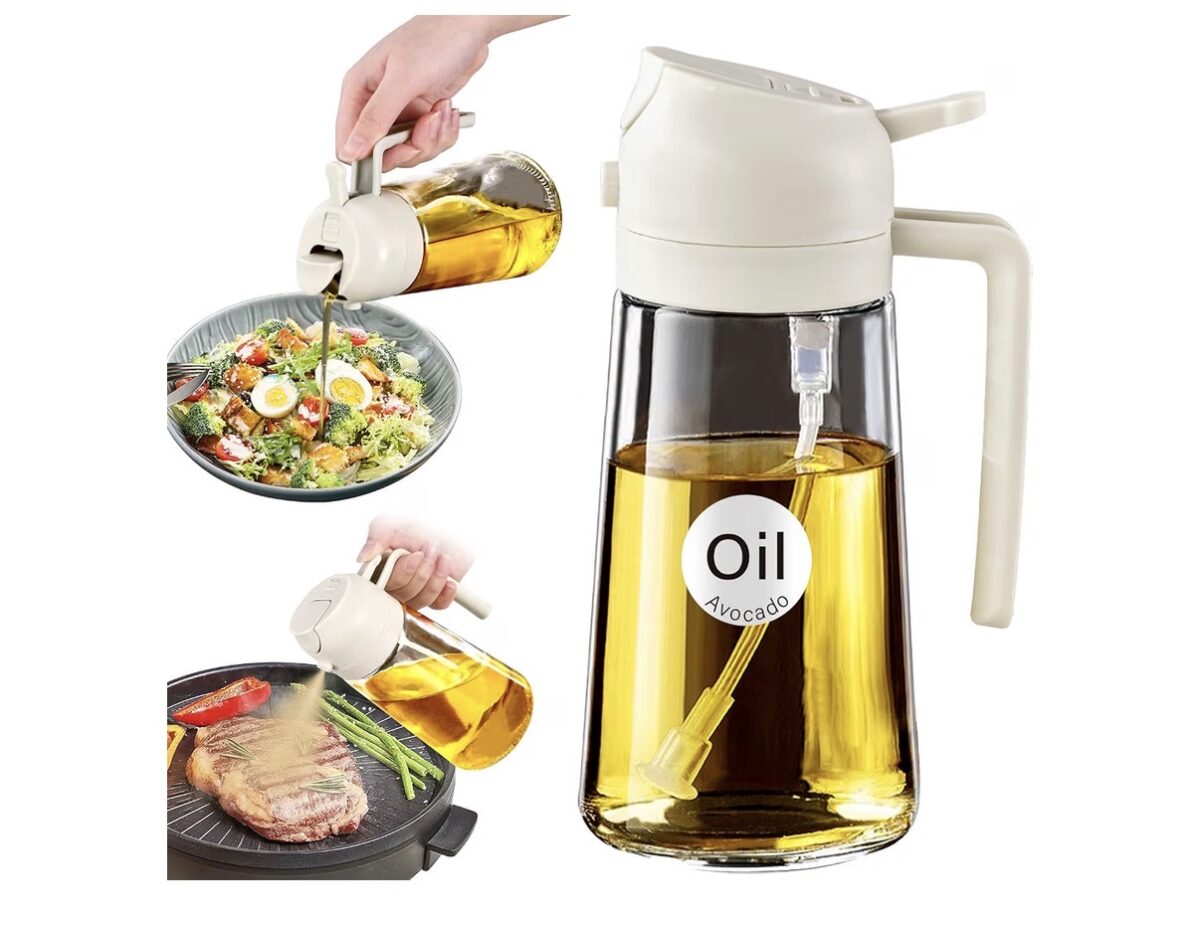 A glass oil dispenser with a white lid and handle, shown alone and while being used to pour oil over a salad and onto a steak.