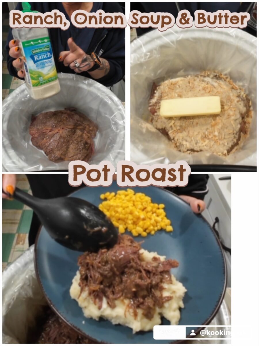 A collage showing the preparation of a pot roast with ranch seasoning and butter in a slow cooker, served on a plate with mashed potatoes and corn.