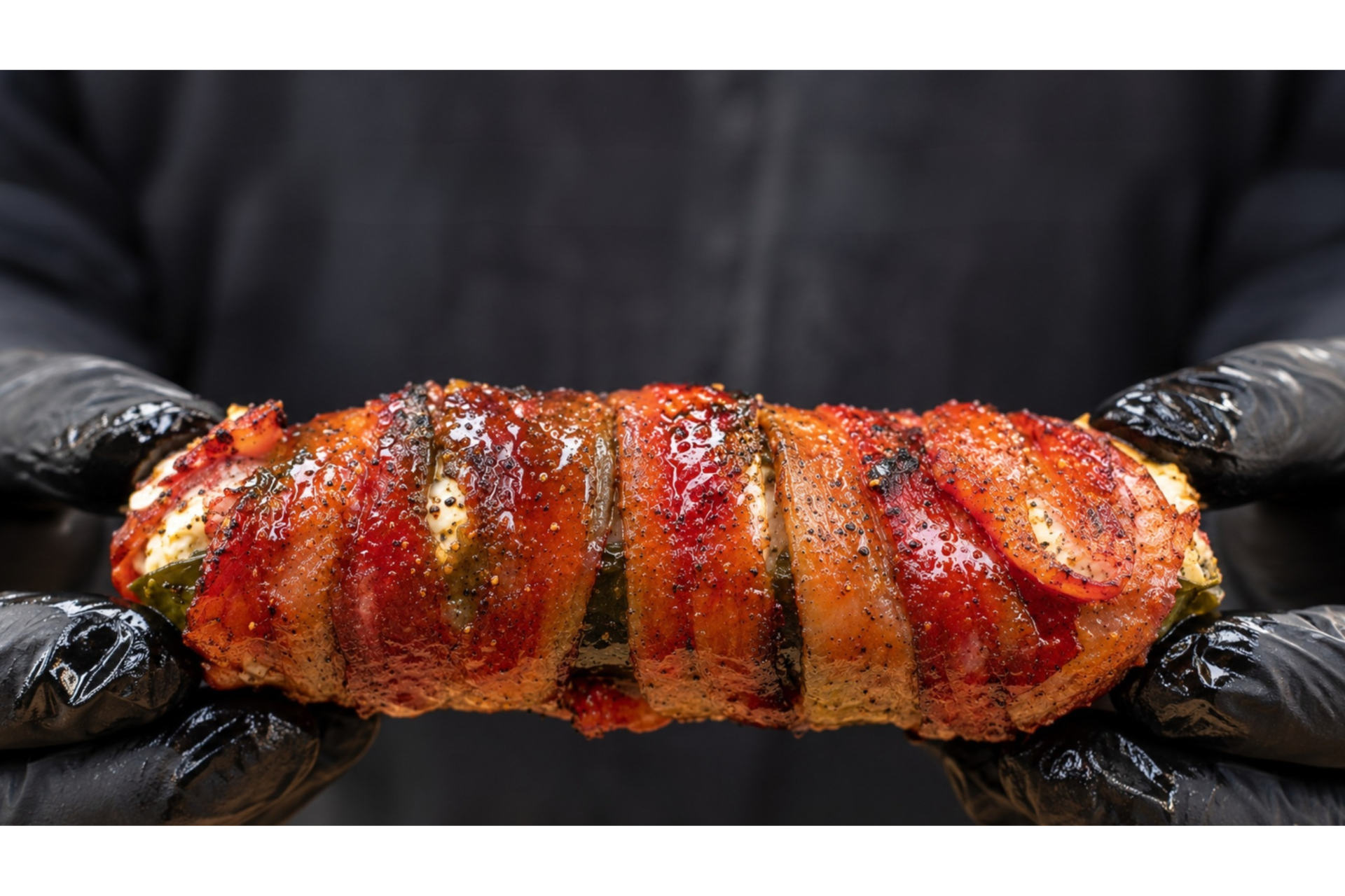 Hands wearing black gloves hold a bacon-wrapped jalapeño popper stuffed with cheese.